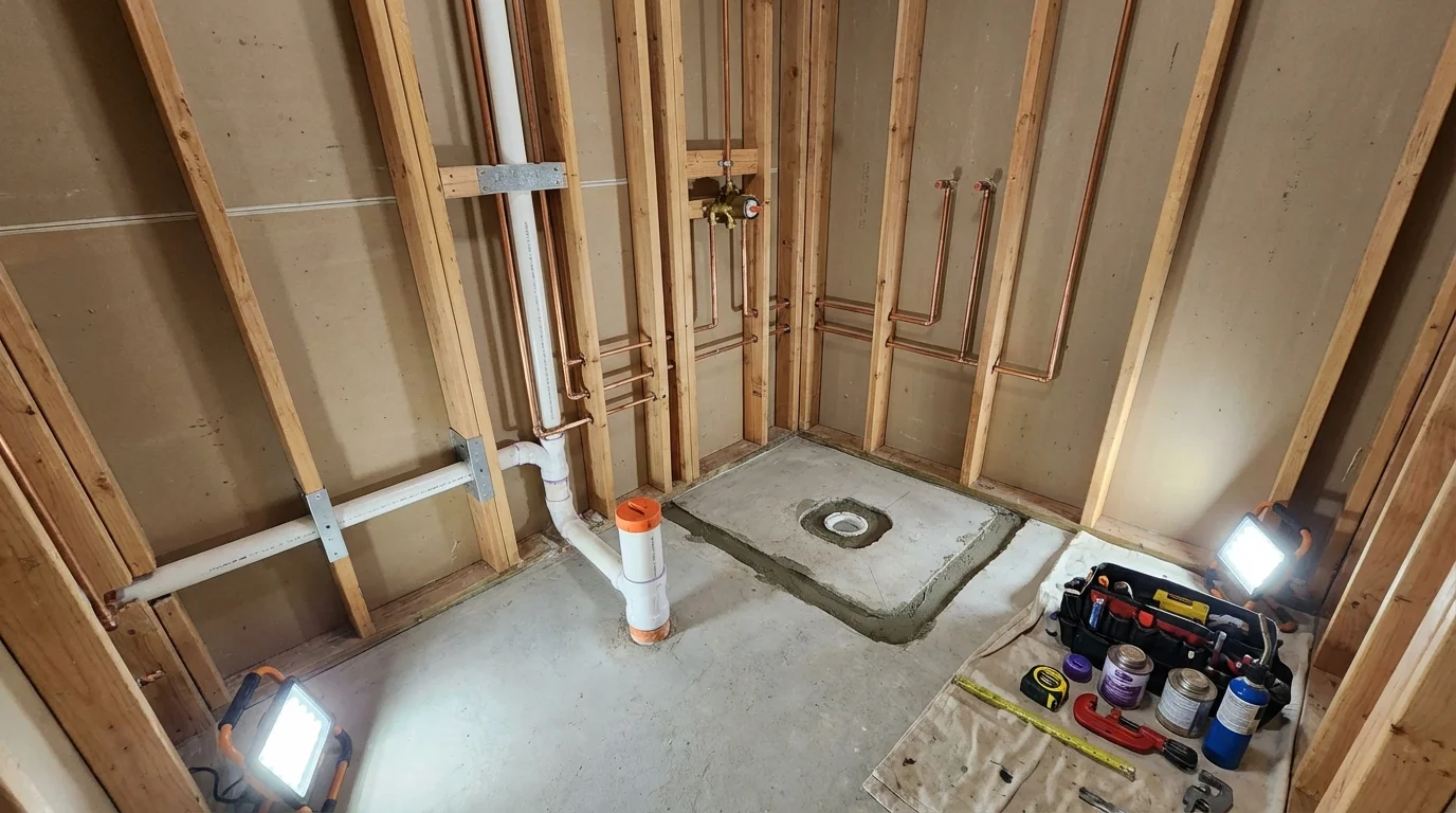 Bathroom rough-in plumbing during remodel by Johns Plumbing LLC in Montezuma