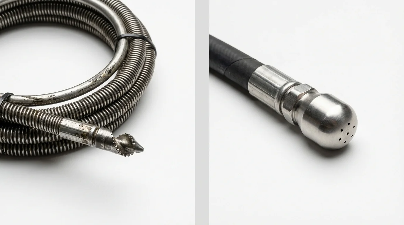Drain snake cable and hydro jetting nozzle used for drain cleaning in Montezuma, IA
