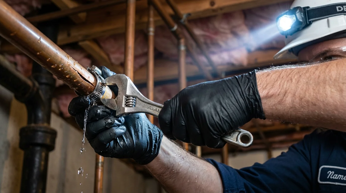Emergency pipe clamp repair being performed by a Johns Plumbing LLC plumber in Montezuma