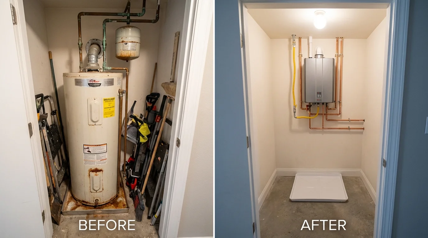 Tank water heater versus wall-mounted tankless unit comparison for Montezuma, IA homeowners