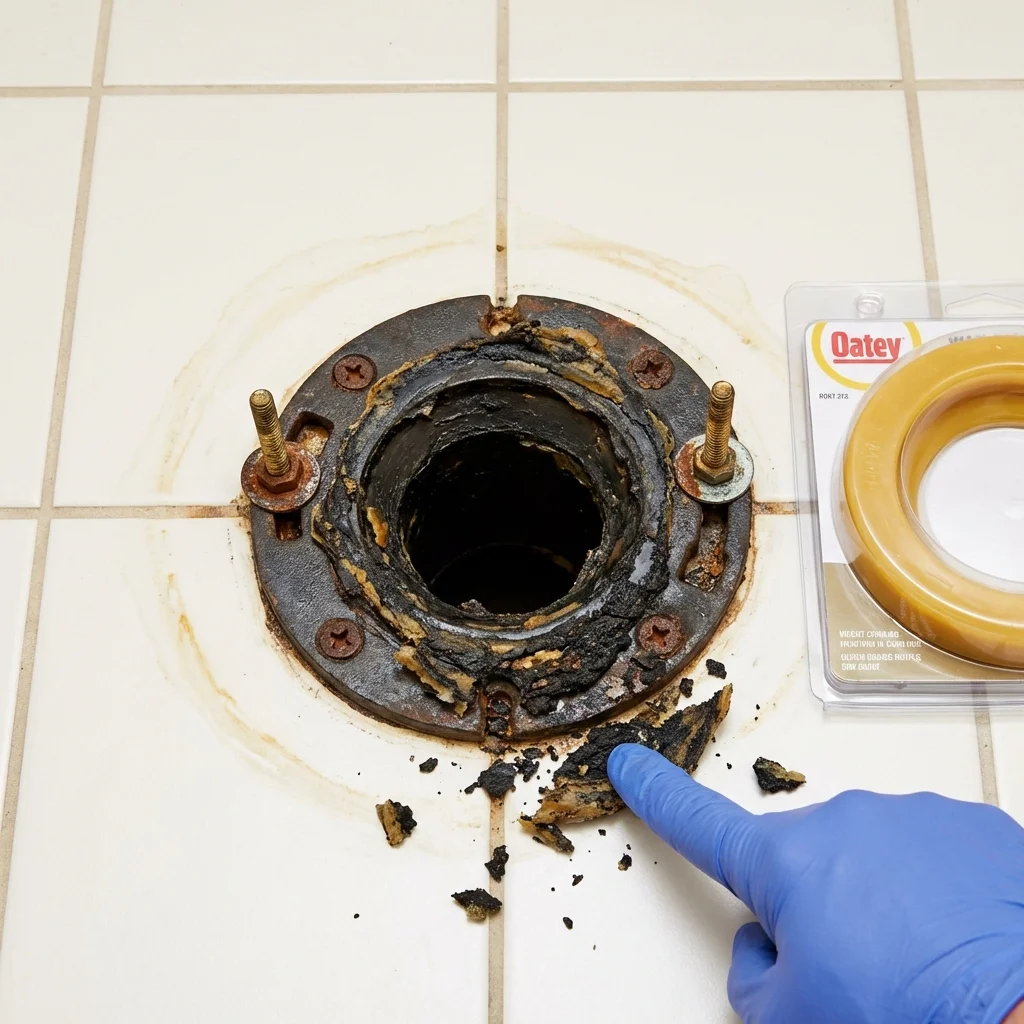 Failed wax ring showing water seepage at the base of a toilet in a Montezuma, IA home