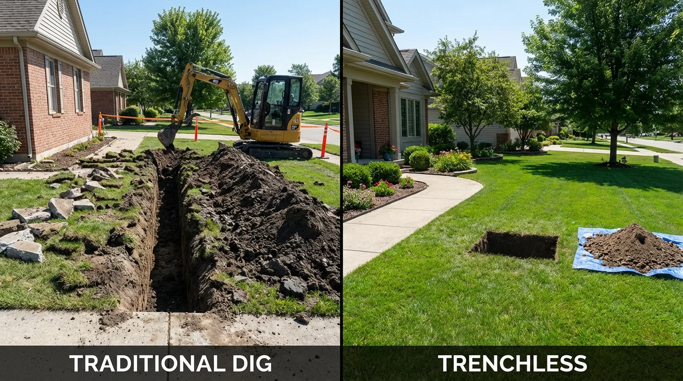 Trenchless sewer repair with minimal yard damage versus traditional excavation in Montezuma, IA
