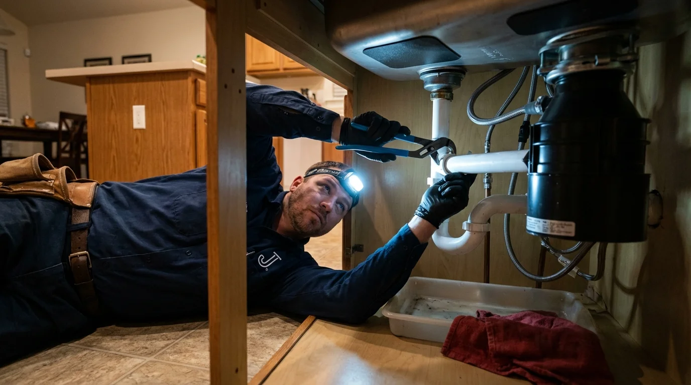 P-trap and supply line connections under a kitchen sink showing a common leak point in Montezuma, IA